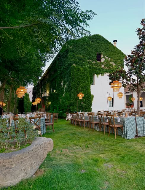 Banquete junto a la fachada de hiedra al atardecer